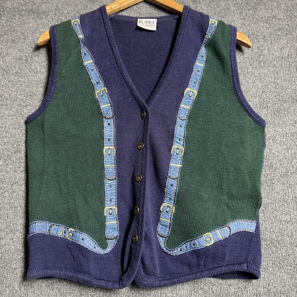 Koret City Blues Petites Vintage Vest Trompe L'Oeil Belt Buckle Knit 90s Western